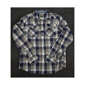 G Star Raw Mens Blue Gray Plaid Long Sleeve Snap Button Denim Shirt Size XL